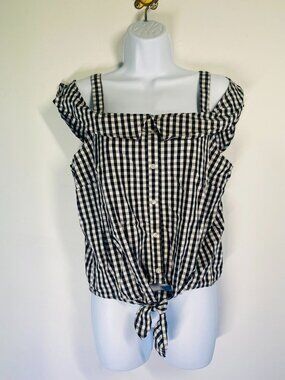 Black & White Gingham Off-Shoulder Tie-Front Top Women’s Size Large 100% Cotton